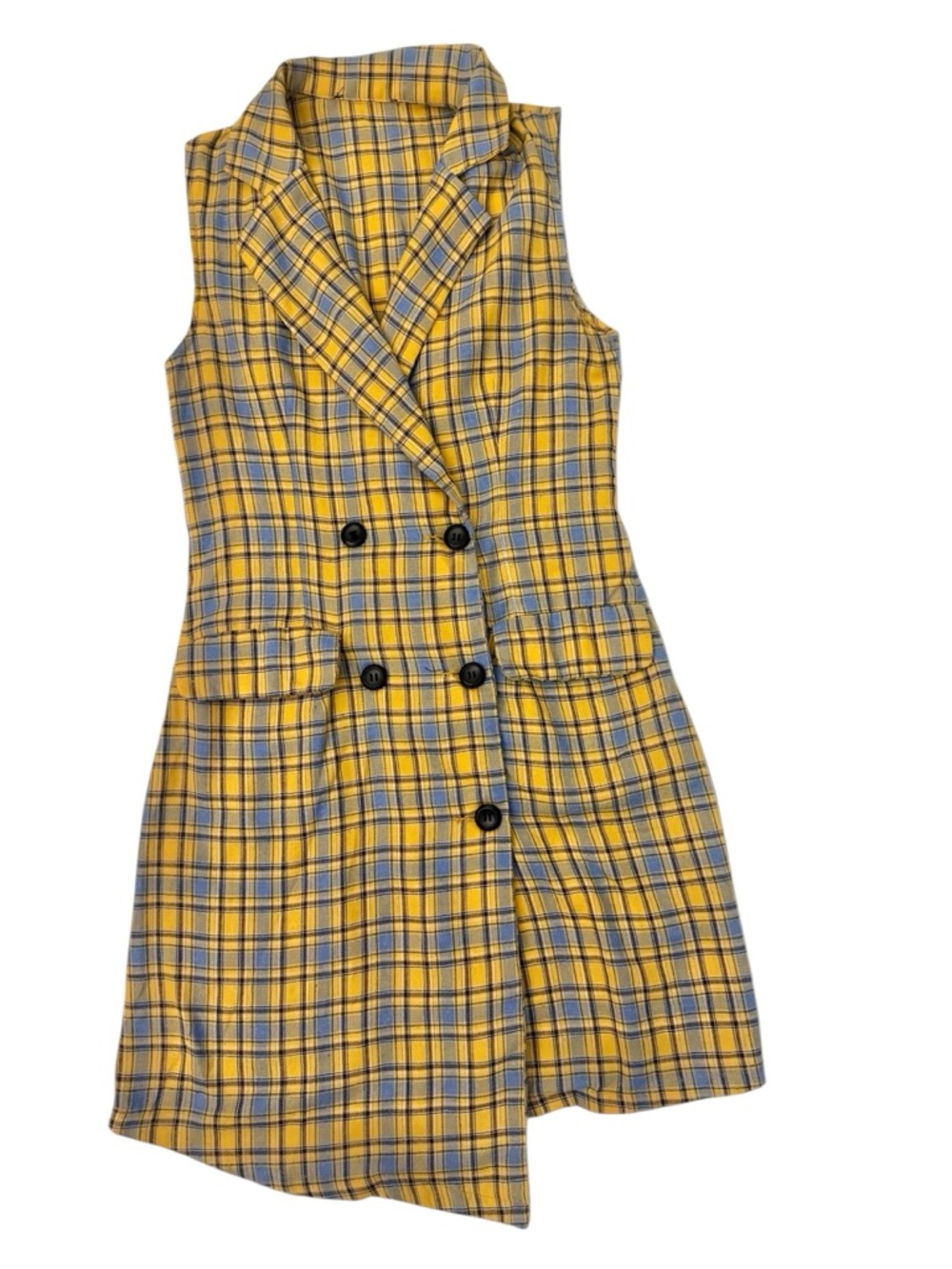 Sleeveless Yellow Plaid Dress with Double-Breasted Front